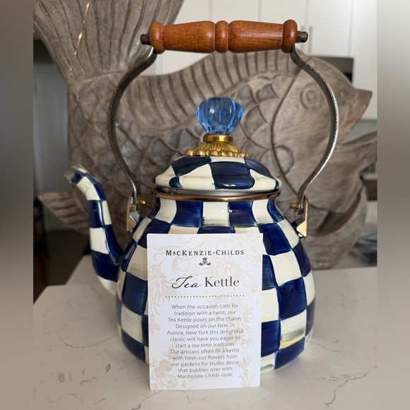 New MacKenzie Childs 2 quart Enameled Whistle Tea Kettle Courtly Blue check - Picture 2 of 9